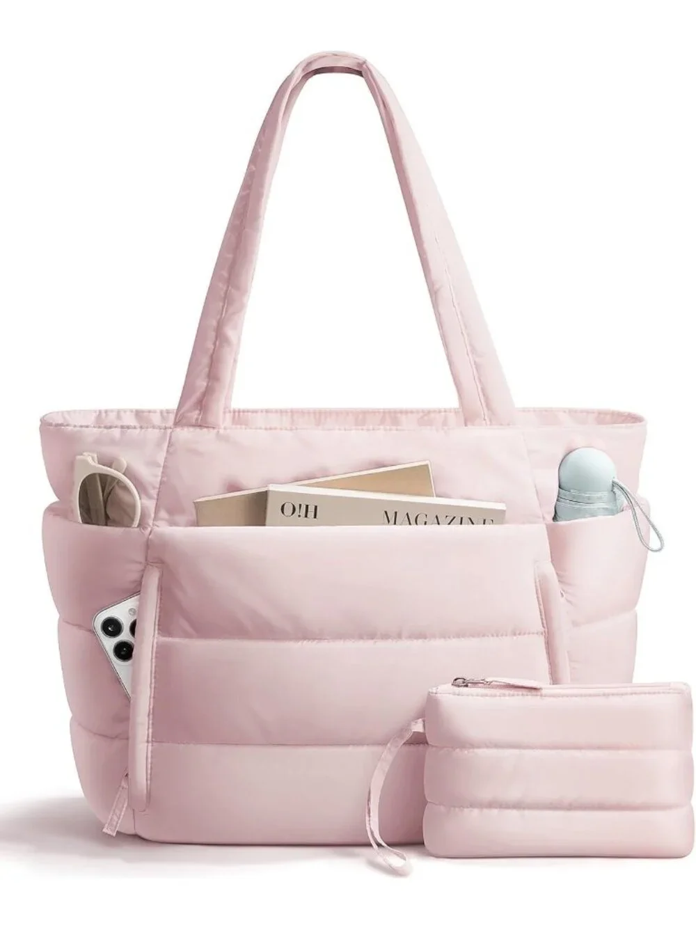 👜Women's Pink Puffer Tote Bag 16 Pockets Work Gym Travel Laptop Handbag Purse